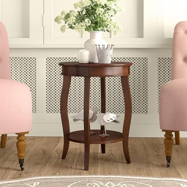 Brown Wooden End Table with Drawer & Shelf – Classic Round Accent Table for Living Room, Bedroom or Office – Elegant Curved Legs – Solid Wood Furniture - Image 9