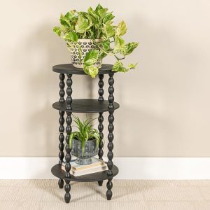 Black Wooden Bedside Table with 3 Tiers – Modern Round Nightstand with Decorative Turned Legs – Small Accent Side Table for Bedroom or Living Room