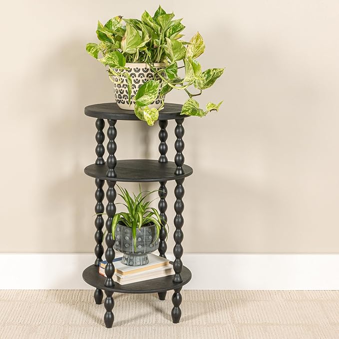 Black Wooden Bedside Table with 3 Tiers – Modern Round Nightstand with Decorative Turned Legs – Small Accent Side Table for Bedroom or Living Room