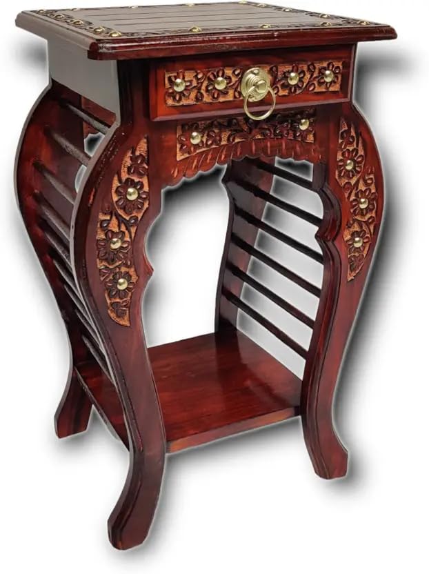 Handcrafted Wooden Storage Stool with Drawer & Shelf for Living Room