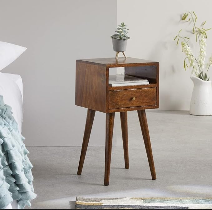 Solid Wood Bedside Table for Bedroom – Mid Century Modern Nightstand with Drawer & Open Shelf – Brown Wood Side Table with Tapered Legs – Wooden Bedside Furniture