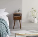 Solid Wood Bedside Table for Bedroom – Mid Century Modern Nightstand with Drawer & Open Shelf – Brown Wood Side Table with Tapered Legs – Wooden Bedside Furniture