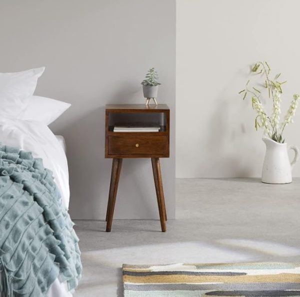 Solid Wood Bedside Table for Bedroom – Mid Century Modern Nightstand with Drawer & Open Shelf – Brown Wood Side Table with Tapered Legs – Wooden Bedside Furniture - Image 4