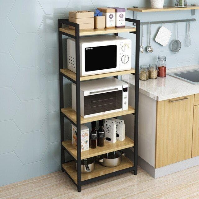 Modern Oven Stand for Kitchen – Multi-Tier Storage Shelf | Wooden Iron Microwave Rack | Black & Brown Heavy Duty Utility Organizer | Space Saving Kitchen Storage Solution