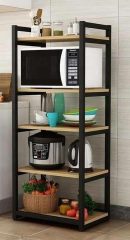 Modern Oven Stand for Kitchen – Multi-Tier Storage Shelf | Wooden Iron Microwave Rack | Black & Brown Heavy Duty Utility Organizer | Space Saving Kitchen Storage Solution