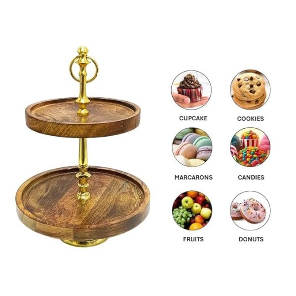Modern 2-Tier Wooden Cake Stand with Gold Handle | Elegant Natural Wood & Gold Plated Serving Tray | Round Tiered Dessert Display Stand | Rustic Farmhouse Kitchen & Party Decor - Image 8
