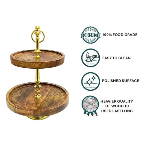 Modern 2-Tier Wooden Cake Stand with Gold Handle | Elegant Natural Wood & Gold Plated Serving Tray | Round Tiered Dessert Display Stand | Rustic Farmhouse Kitchen & Party Decor - Image 7