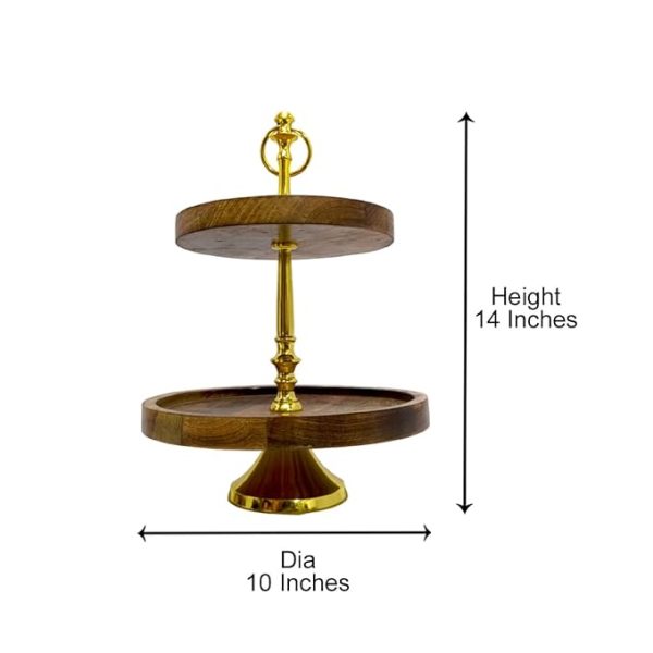 Modern 2-Tier Wooden Cake Stand with Gold Handle | Elegant Natural Wood & Gold Plated Serving Tray | Round Tiered Dessert Display Stand | Rustic Farmhouse Kitchen & Party Decor - Image 9