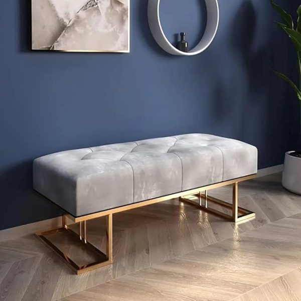 Luxurious Grey Velvet Bench with Golden Metal Base – Modern Upholstered Seating for Living Room, Bedroom & Entryway | Elegant Gray Bench with Sturdy Golden Legs | Premium Home Décor Furniture - Image 3