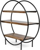 Industrial Round Wall Shelf – 3 Tier Wood & Iron Display Rack – Modern Rustic Circle Bookcase for Living Room, Office, Bedroom – Brown Black Home Decor Storage Organizer Furniture