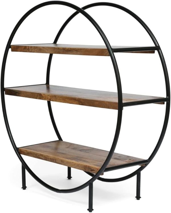 Industrial Round Wall Shelf – 3 Tier Wood & Iron Display Rack – Modern Rustic Circle Bookcase for Living Room, Office, Bedroom – Brown Black Home Decor Storage Organizer Furniture - Image 2