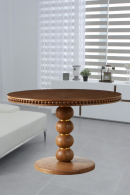 Handcrafted Brown Wooden Coffee Table – Sculptural Round Design, Solid Wood, Modern Pedestal Base, Elegant Beaded Edge