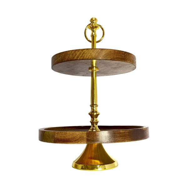 Modern 2-Tier Wooden Cake Stand with Gold Handle | Elegant Natural Wood & Gold Plated Serving Tray | Round Tiered Dessert Display Stand | Rustic Farmhouse Kitchen & Party Decor - Image 5