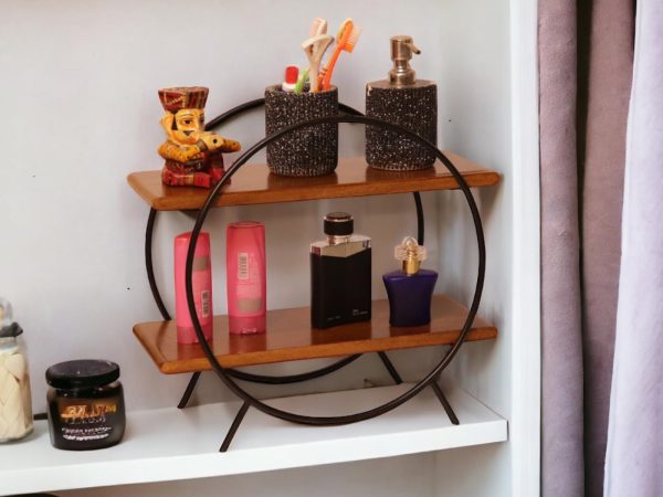 Modern Wooden & Iron Spice Rack | 2-Tier Circle Shelf for Kitchen & Home Decor | Wall Mounted Display Organizer | Black & Brown Round Storage Rack | Industrial Style Multipurpose Shelf - Image 6