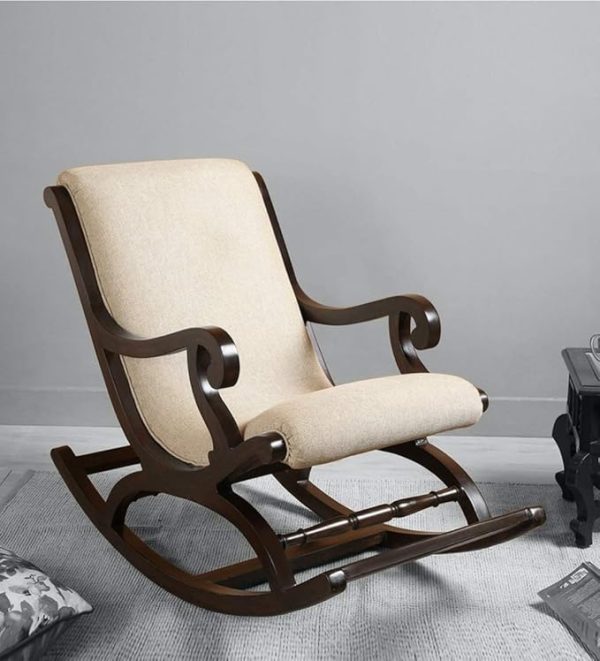 Sheesham Wood Rocking Chair with Cushioned Seat & Back | Traditional Wooden Rocker for Living Room | Brown & Off-White | Premium Home Décor Furniture | Comfortable & Durable Design - Image 5