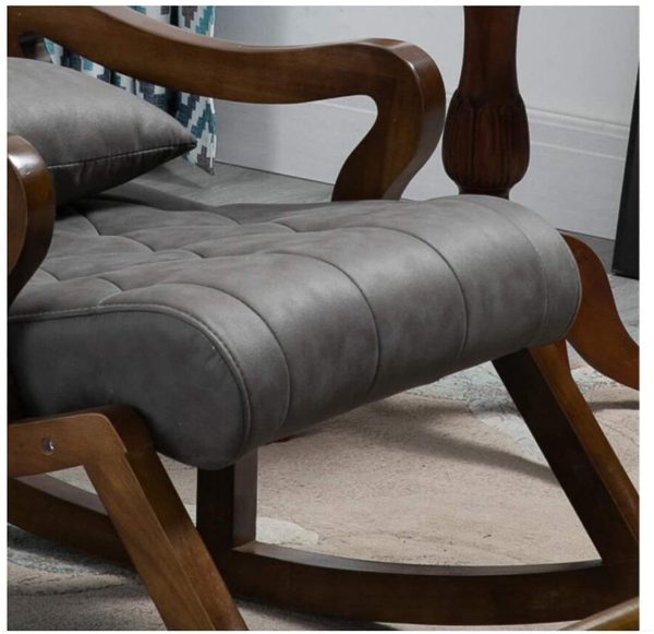 Handcrafted Sheesham Wood Rocking Chair with Cushion | Premium Brown-Gray Finish | Wooden Relaxing Chair for Living Room | Classic Lounge Chair with Ottoman | Elegant Wooden Furniture Piece - Image 4