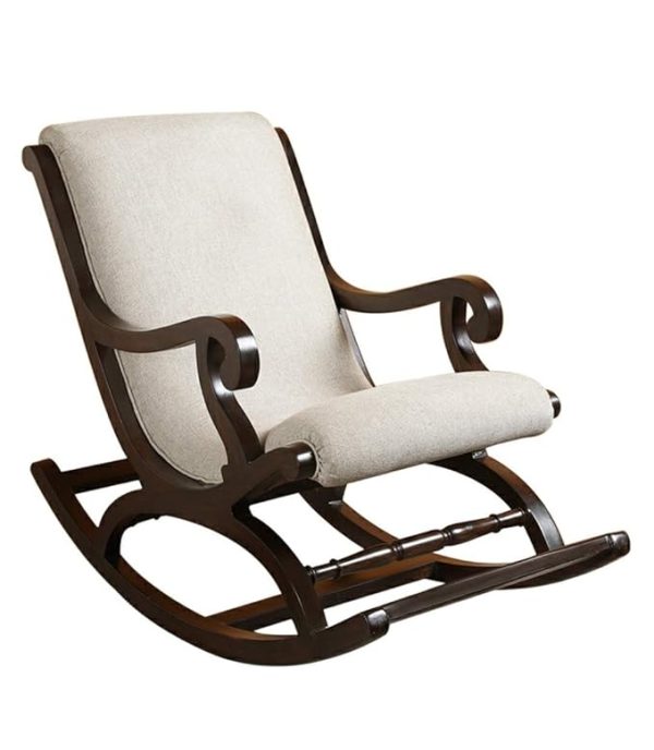 Sheesham Wood Rocking Chair with Cushioned Seat & Back | Traditional Wooden Rocker for Living Room | Brown & Off-White | Premium Home Décor Furniture | Comfortable & Durable Design - Image 4
