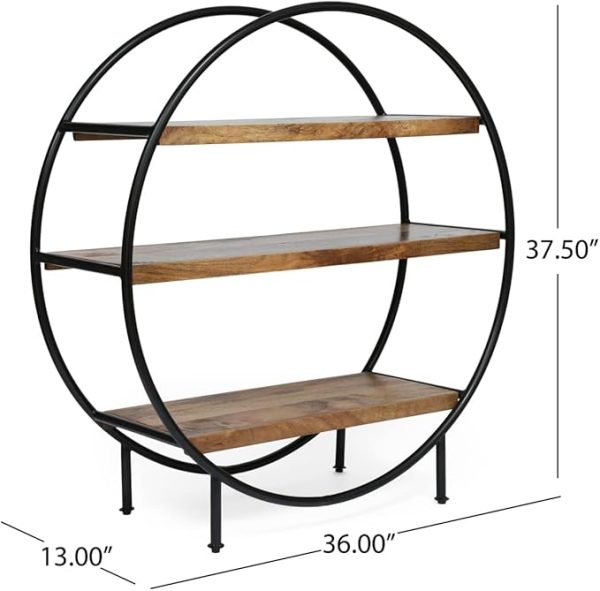 Industrial Round Wall Shelf – 3 Tier Wood & Iron Display Rack – Modern Rustic Circle Bookcase for Living Room, Office, Bedroom – Brown Black Home Decor Storage Organizer Furniture - Image 4