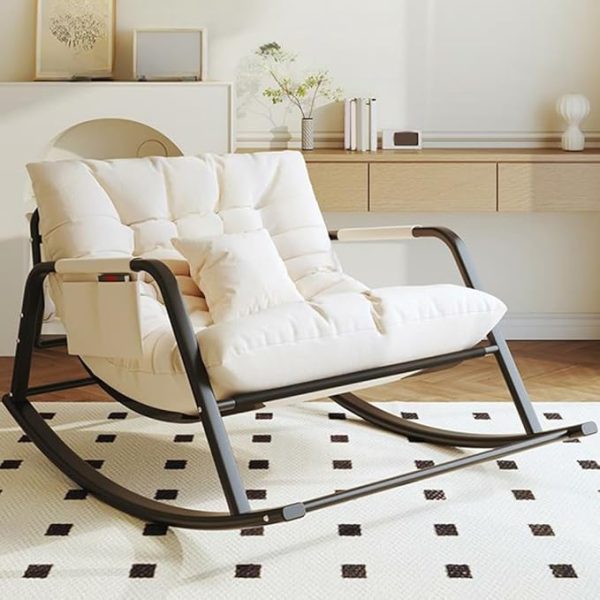 Modern Wooden Rocking Chair with Off-White Cushion | Relaxing Lounge Chair | Indoor Rocker Chair for Living Room | Ergonomic Wood Frame Rocker | Stylish Comfort Seating - Image 6