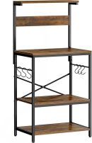 Modern Oven Stand for Kitchen Organizer with Hooks & Shelves | Rustic Brown & Black Iron-Wood Microwave Rack | Multi-Tier Kitchen Storage Shelf | Industrial Style Utility Baker’s Rack