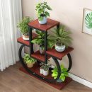 Modern Iron Plant Stand for Indoor Use – 3-Tier Wooden Flower Pot Display Shelf – Brown & Black Home Decor Planter Rack – Elegant Metal Frame – Stylish Garden Organizer