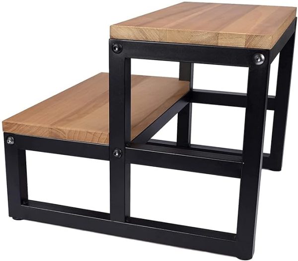 Solid Wood Step Stool for Adults & Kids 2 Tier Natural Step Ladder with Black Iron Frame Heavy Duty Kitchen Bathroom Bedside Stool Rustic Wooden Step Stand for Home - Image 5