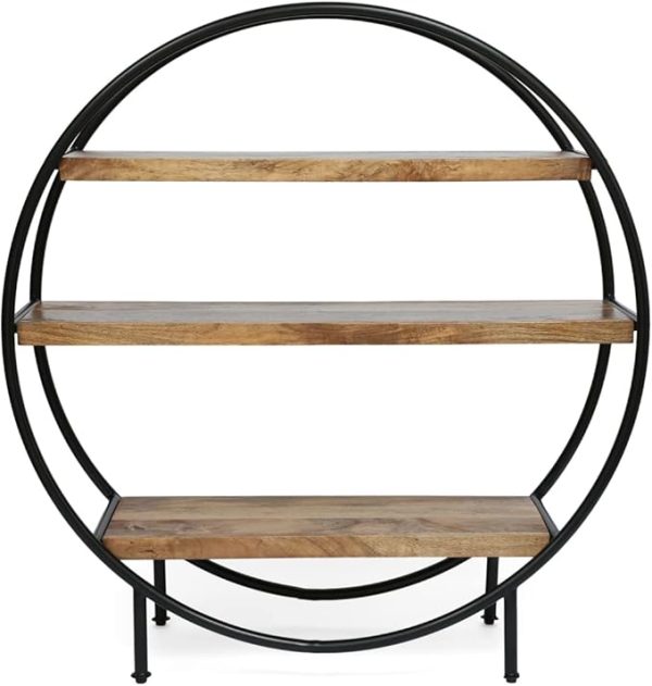 Industrial Round Wall Shelf – 3 Tier Wood & Iron Display Rack – Modern Rustic Circle Bookcase for Living Room, Office, Bedroom – Brown Black Home Decor Storage Organizer Furniture - Image 5