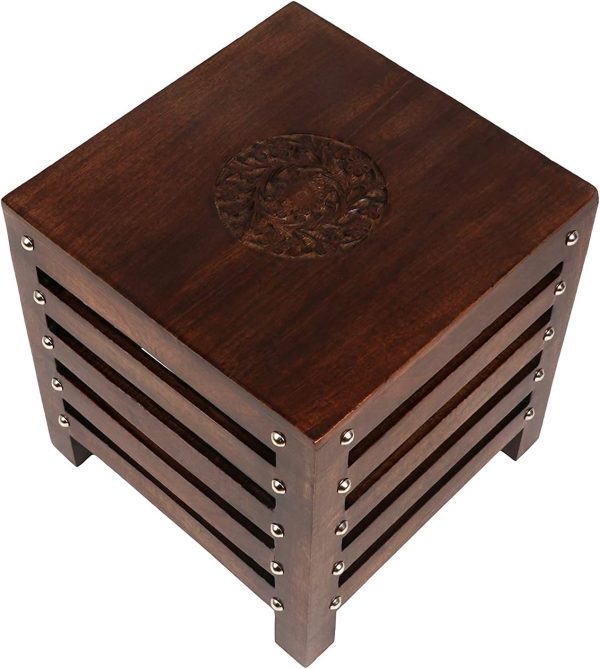Handcrafted Wooden Bedside Table | Natural Wood Finish | Solid Wood Side Table with Carved Top | Vintage End Table | Wooden Nightstand for Bedroom & Living Room - Image 2