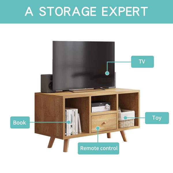 Natural Wooden Entertainment Unit – Set Top Box Stand & TV Cabinet with Open Shelves & Drawer | Solid Wood TV Stand for Living Room | Stylish Storage for Books, Media & Décor - Image 3