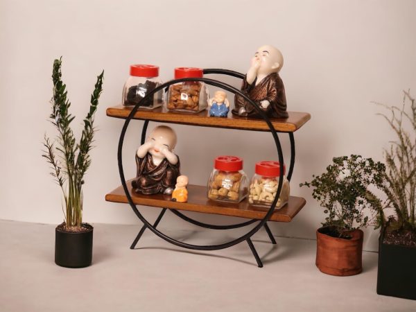 Modern Wooden & Iron Spice Rack | 2-Tier Circle Shelf for Kitchen & Home Decor | Wall Mounted Display Organizer | Black & Brown Round Storage Rack | Industrial Style Multipurpose Shelf - Image 5