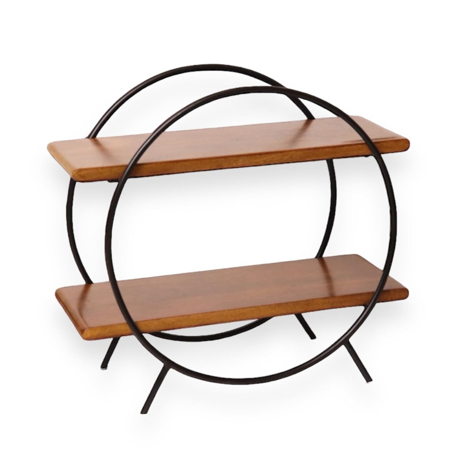 Modern Wooden & Iron Spice Rack | 2-Tier Circle Shelf for Kitchen & Home Decor | Wall Mounted Display Organizer | Black & Brown Round Storage Rack | Industrial Style Multipurpose Shelf