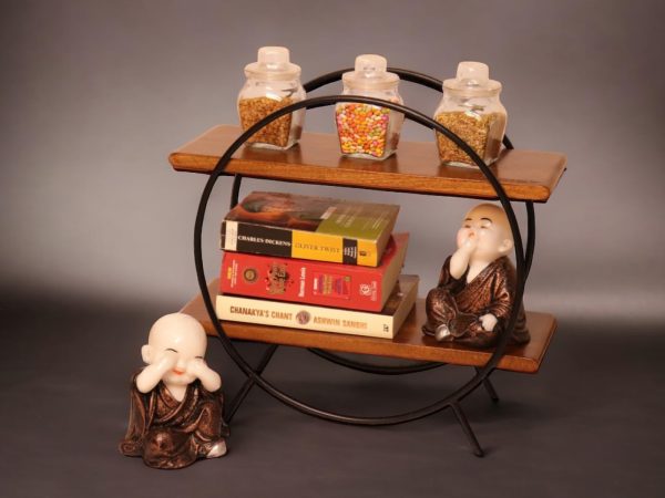 Modern Wooden & Iron Spice Rack | 2-Tier Circle Shelf for Kitchen & Home Decor | Wall Mounted Display Organizer | Black & Brown Round Storage Rack | Industrial Style Multipurpose Shelf - Image 7