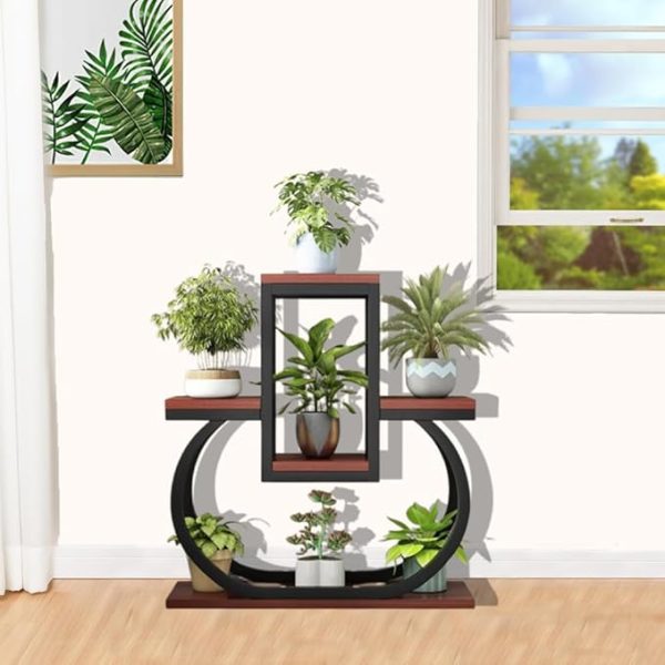 Modern Iron Plant Stand for Indoor Use – 3-Tier Wooden Flower Pot Display Shelf – Brown & Black Home Decor Planter Rack – Elegant Metal Frame – Stylish Garden Organizer - Image 3