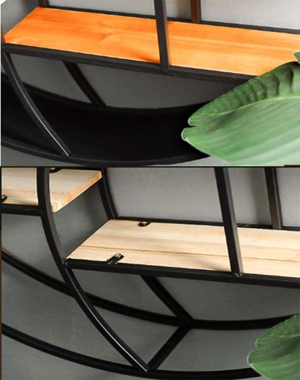 Modern Round Wall Shelf – Floating Iron Frame & Wood Shelves – Yin Yang Design – Brown & Black – Industrial Hanging Display Rack – Decorative Storage Shelf for Home & Office - Image 2