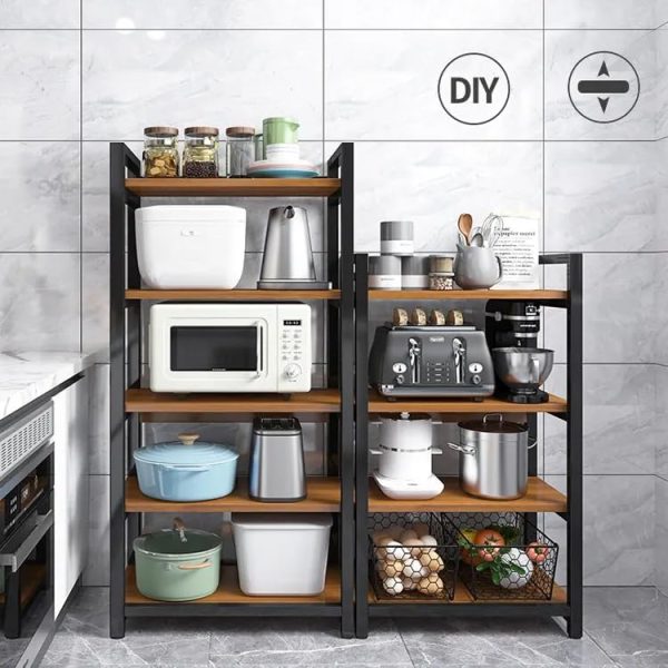 Modern Oven Stand for Kitchen – Multi-Tier Storage Shelf | Wooden Iron Microwave Rack | Black & Brown Heavy Duty Utility Organizer | Space Saving Kitchen Storage Solution - Image 2