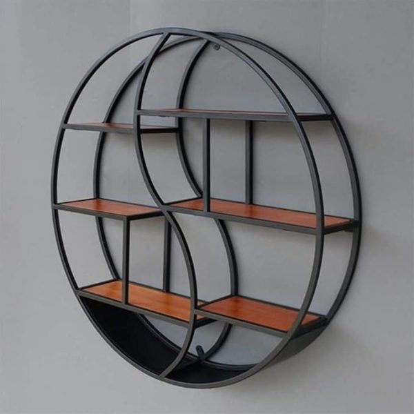 Modern Round Wall Shelf – Floating Iron Frame & Wood Shelves – Yin Yang Design – Brown & Black – Industrial Hanging Display Rack – Decorative Storage Shelf for Home & Office - Image 3