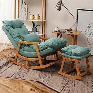 Seafoam Green Rocking Chair with Ottoman – Wooden Frame & Cushion