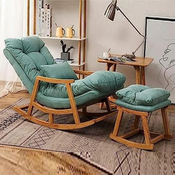 Seafoam Green Rocking Chair with Ottoman – Wooden Frame & Cushion