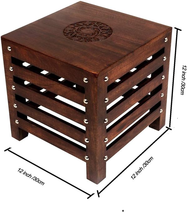 Handcrafted Wooden Bedside Table | Natural Wood Finish | Solid Wood Side Table with Carved Top | Vintage End Table | Wooden Nightstand for Bedroom & Living Room - Image 4