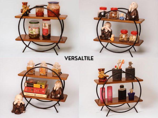 Modern Wooden & Iron Spice Rack | 2-Tier Circle Shelf for Kitchen & Home Decor | Wall Mounted Display Organizer | Black & Brown Round Storage Rack | Industrial Style Multipurpose Shelf - Image 8
