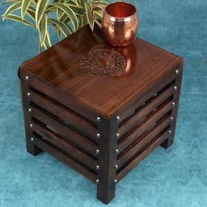 Handcrafted Wooden Bedside Table | Natural Wood Finish | Solid Wood Side Table with Carved Top | Vintage End Table | Wooden Nightstand for Bedroom & Living Room