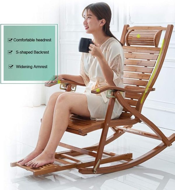 Ergonomic Wooden Rocking Chair with Thick Padded Cushion – Brown Recliner Lounge Chair for Living Room, Bedroom, Balcony – Adjustable & Foldable Relaxing Armchair – Comfortable & Stylish Design - Image 5