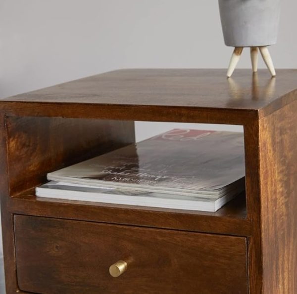 Solid Wood Bedside Table for Bedroom – Mid Century Modern Nightstand with Drawer & Open Shelf – Brown Wood Side Table with Tapered Legs – Wooden Bedside Furniture - Image 3