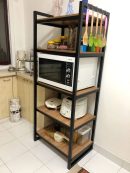 Modern Oven Stand for Kitchen – Multi-Tier Storage Shelf | Wooden Iron Microwave Rack | Black & Brown Heavy Duty Utility Organizer | Space Saving Kitchen Storage Solution