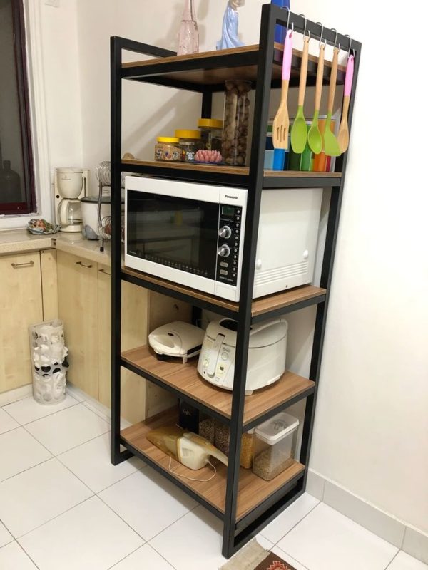 Modern Oven Stand for Kitchen – Multi-Tier Storage Shelf | Wooden Iron Microwave Rack | Black & Brown Heavy Duty Utility Organizer | Space Saving Kitchen Storage Solution - Image 5