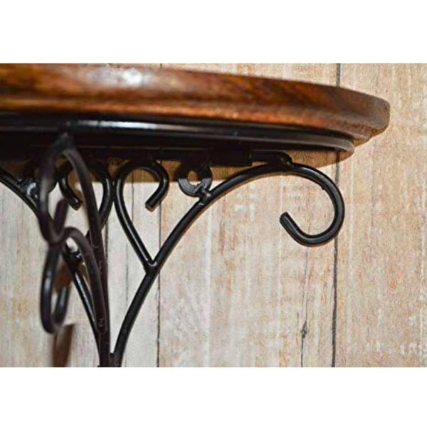 Wall Bracket Shelf – Wooden Top with Black Iron Frame | Brown & Black Antique Design | Decorative Wall Mounted Corner Shelf | Iron Scroll Work Bracket | Rustic Home Décor Shelf - Image 2