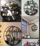 Modern Round Wall Shelf – Floating Iron Frame & Wood Shelves – Yin Yang Design – Brown & Black – Industrial Hanging Display Rack – Decorative Storage Shelf for Home & Office