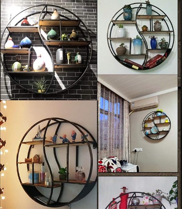 Modern Round Wall Shelf – Floating Iron Frame & Wood Shelves – Yin Yang Design – Brown & Black – Industrial Hanging Display Rack – Decorative Storage Shelf for Home & Office - Image 4