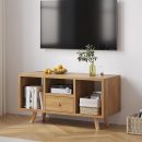 Natural Wooden Entertainment Unit – Set Top Box Stand & TV Cabinet with Open Shelves & Drawer | Solid Wood TV Stand for Living Room | Stylish Storage for Books, Media & Décor