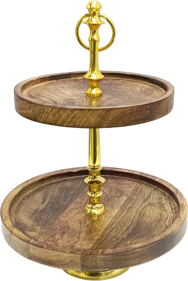Modern 2-Tier Wooden Cake Stand with Gold Handle | Elegant Natural Wood & Gold Plated Serving Tray | Round Tiered Dessert Display Stand | Rustic Farmhouse Kitchen & Party Decor - Image 3